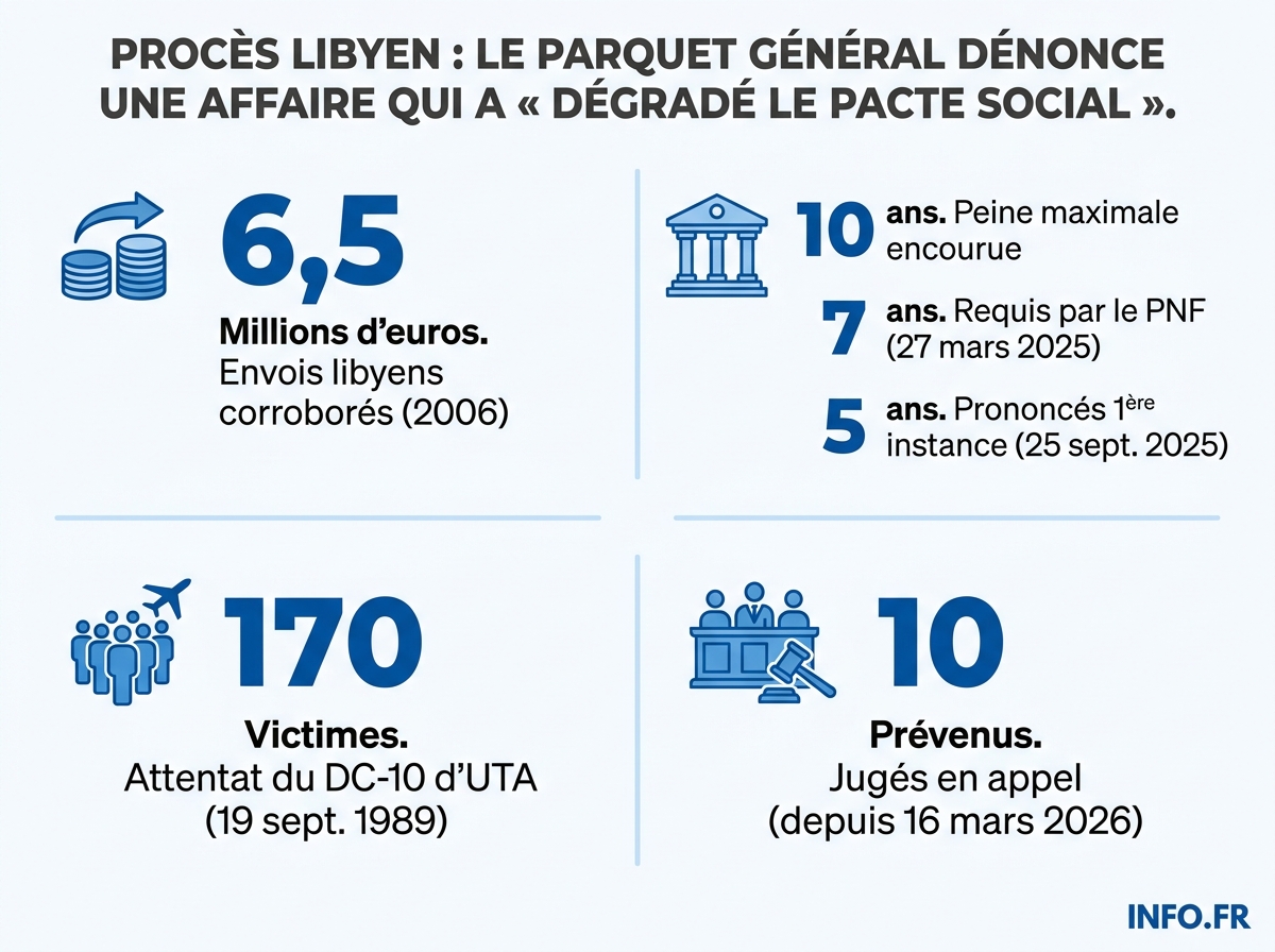 Procès Sarkozy en appel: chiffres clés des réquisitions et des peines de première instance dans l'affaire libyenne.