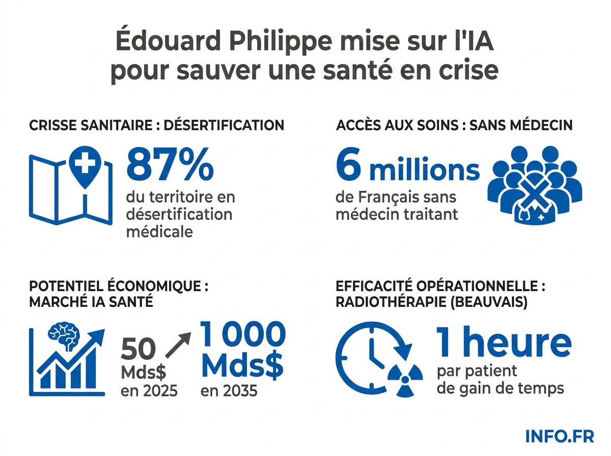 Les chiffres clés du programme santé d'Édouard Philippe pour la présidentielle 2027, entre désertification médicale et pari sur l'intelligence artificielle.