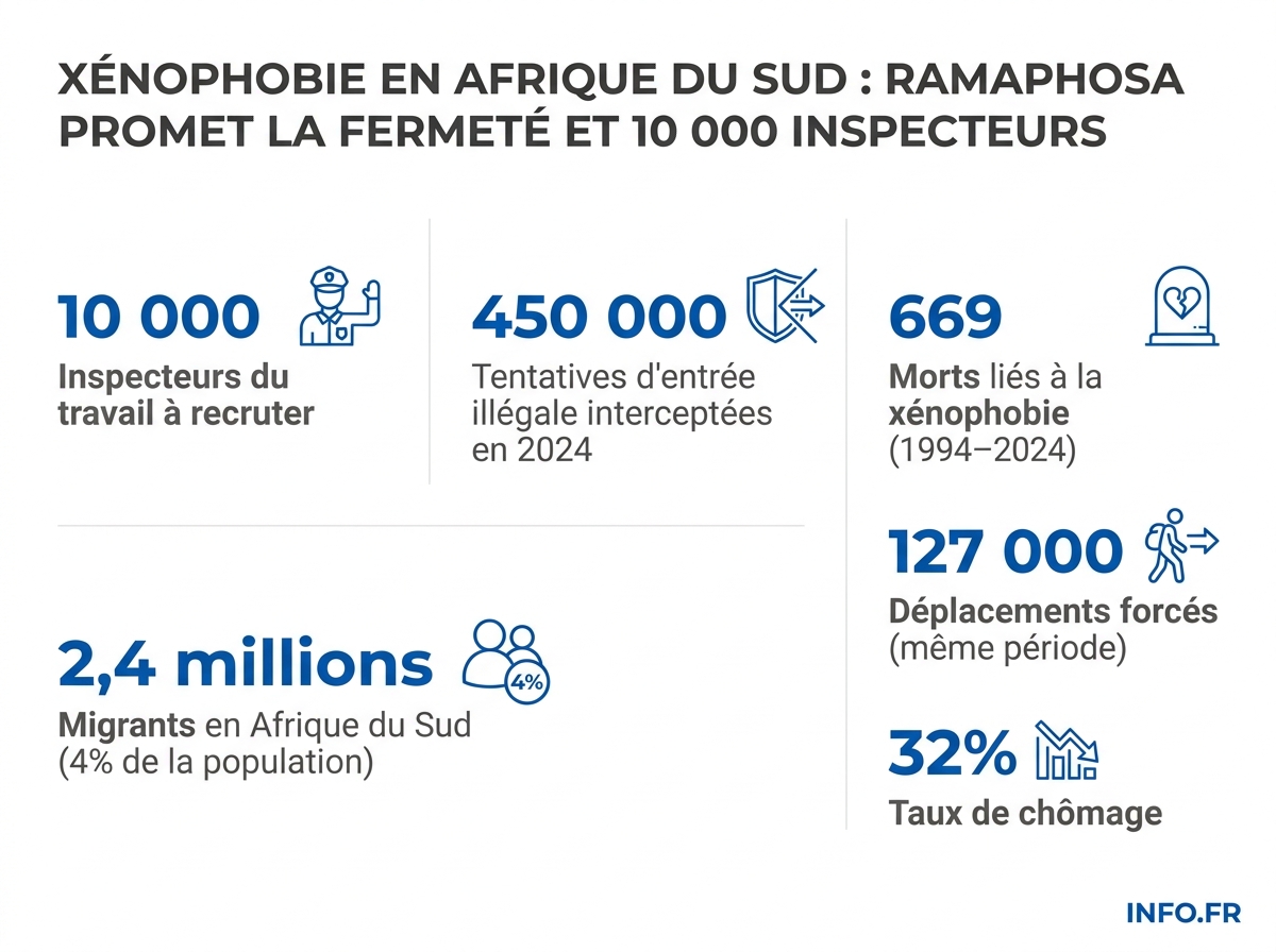 Infographie sur les violences xénophobes en Afrique du Sud: bilan humain, démographie migrante, chômage et impunité judiciaire.