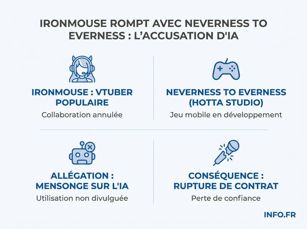 Chronologie de la controverse Neverness to Everness: du lancement le 29 avril a la rupture du partenariat avec Ironmouse cinq jours plus tard.