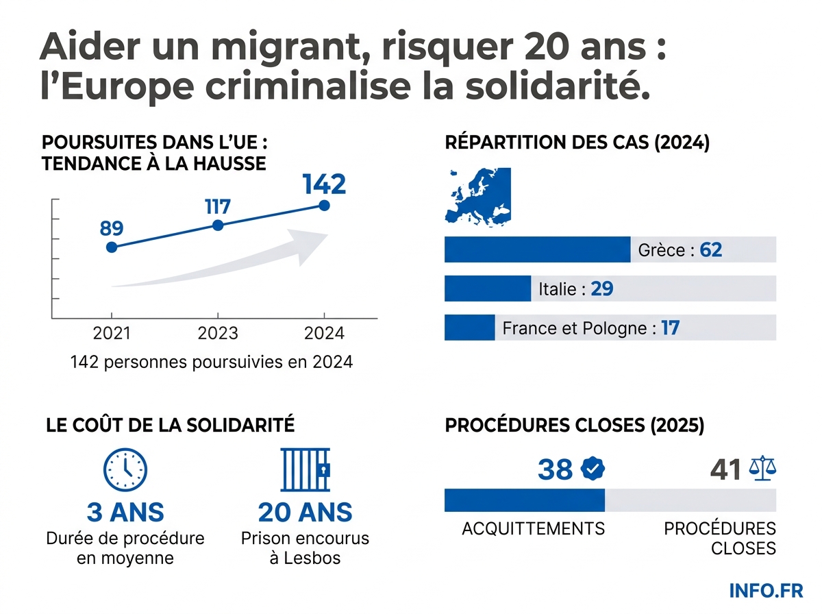 L'évolution des poursuites judiciaires contre les humanitaires aidant les migrants dans l'Union européenne, de 2021 à 2025.