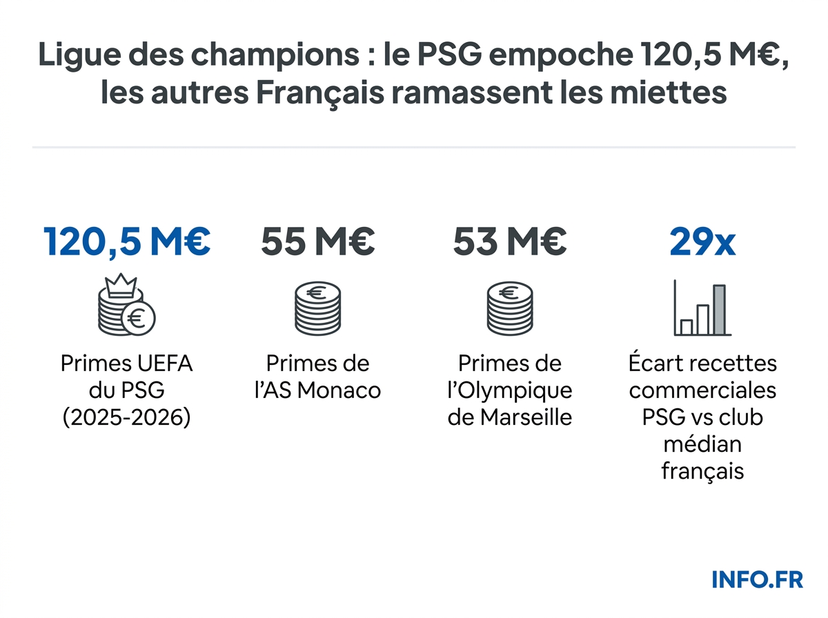 Comparatif des primes UEFA touchées par les trois clubs français en Ligue des champions 2025-2026 et budget du PSG.
