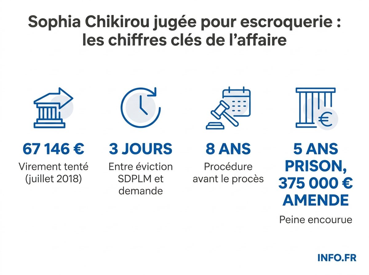 Les chiffres clés de l'affaire Sophia Chikirou jugée pour escroquerie le 12 mai 2026.