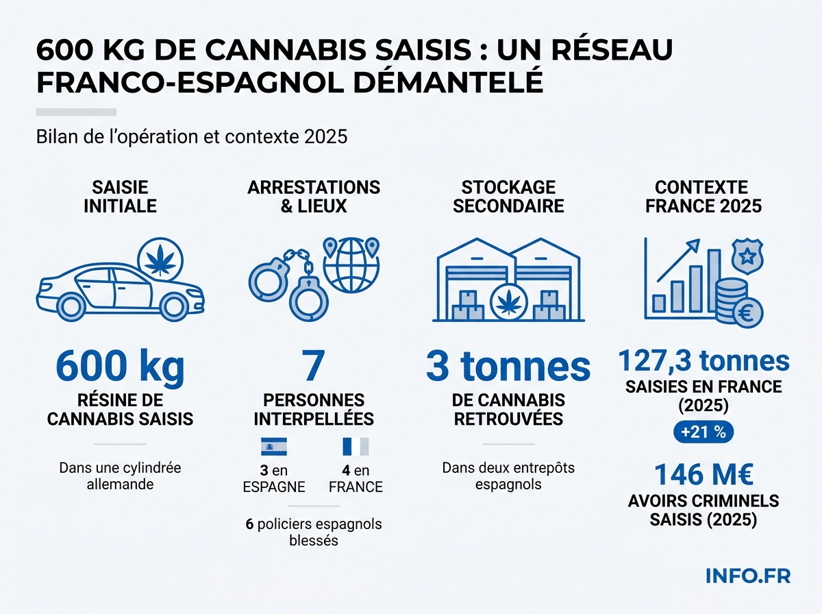Bilan chiffré du démantèlement du réseau franco-espagnol de trafic de cannabis révélé en mai 2026.