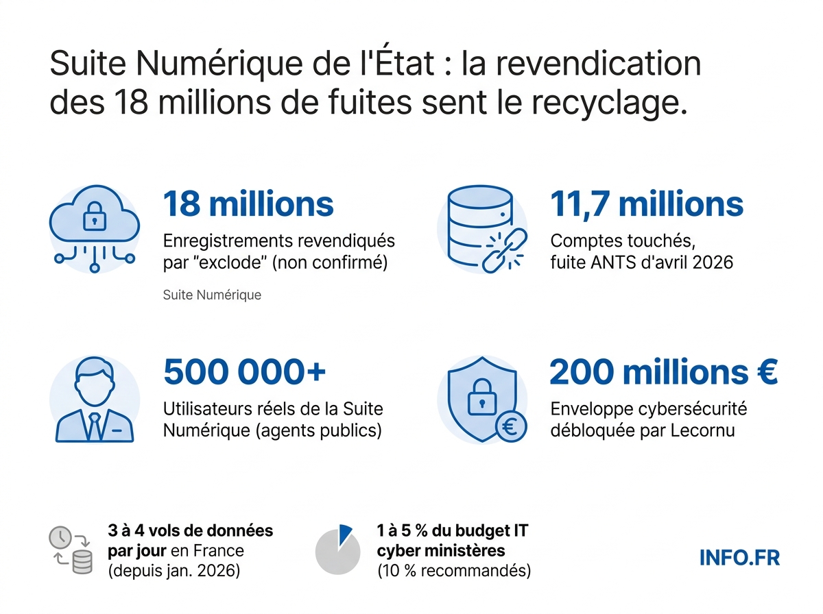 Comparatif chiffré entre la revendication 'exclode' sur la Suite Numérique et la fuite ANTS confirmée d'avril 2026 - indices d'un probable recyclage.