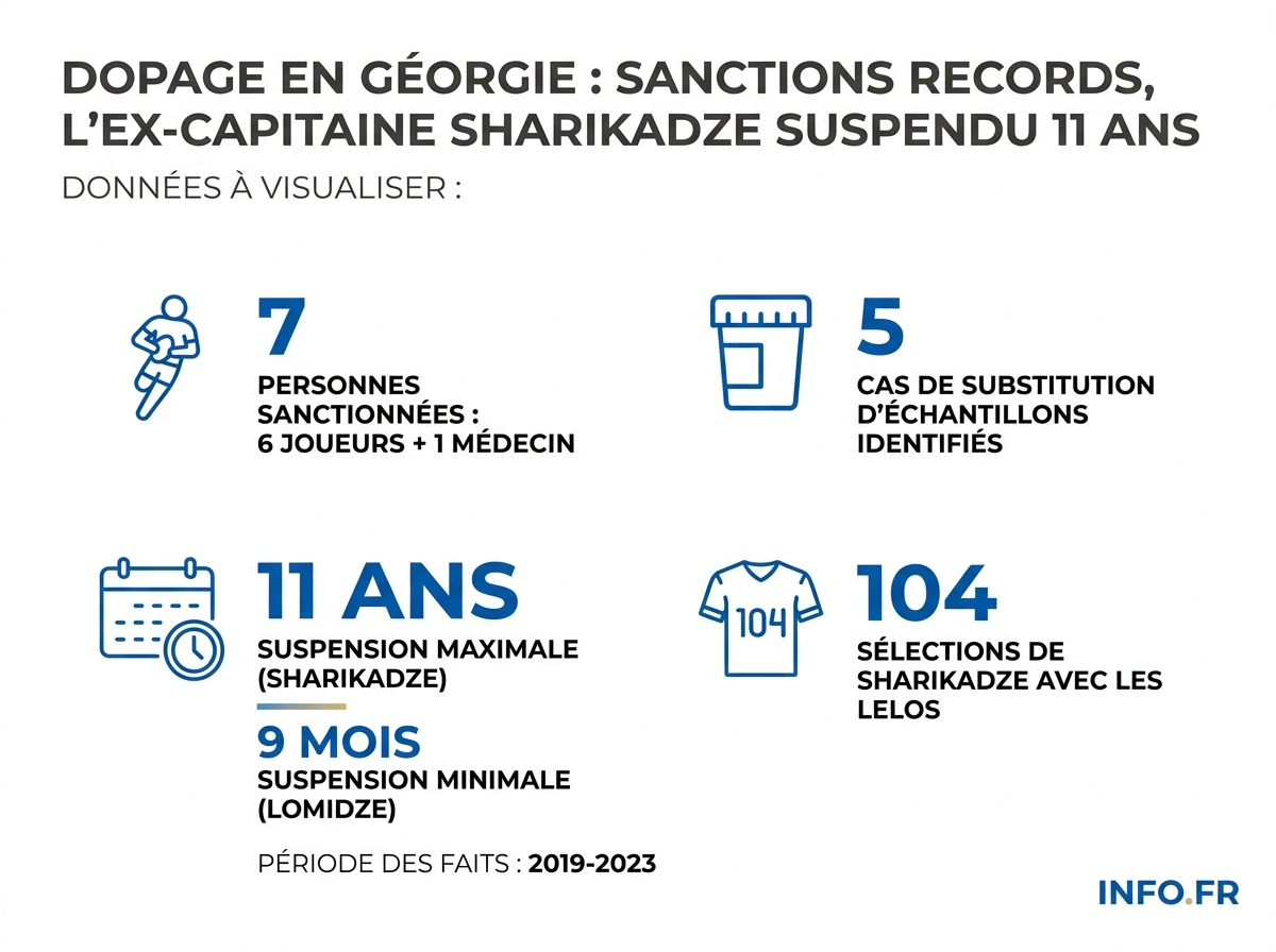 Récapitulatif des sanctions World Rugby dans l'affaire de dopage géorgien: durées, nombre d'inculpés et période concernée.