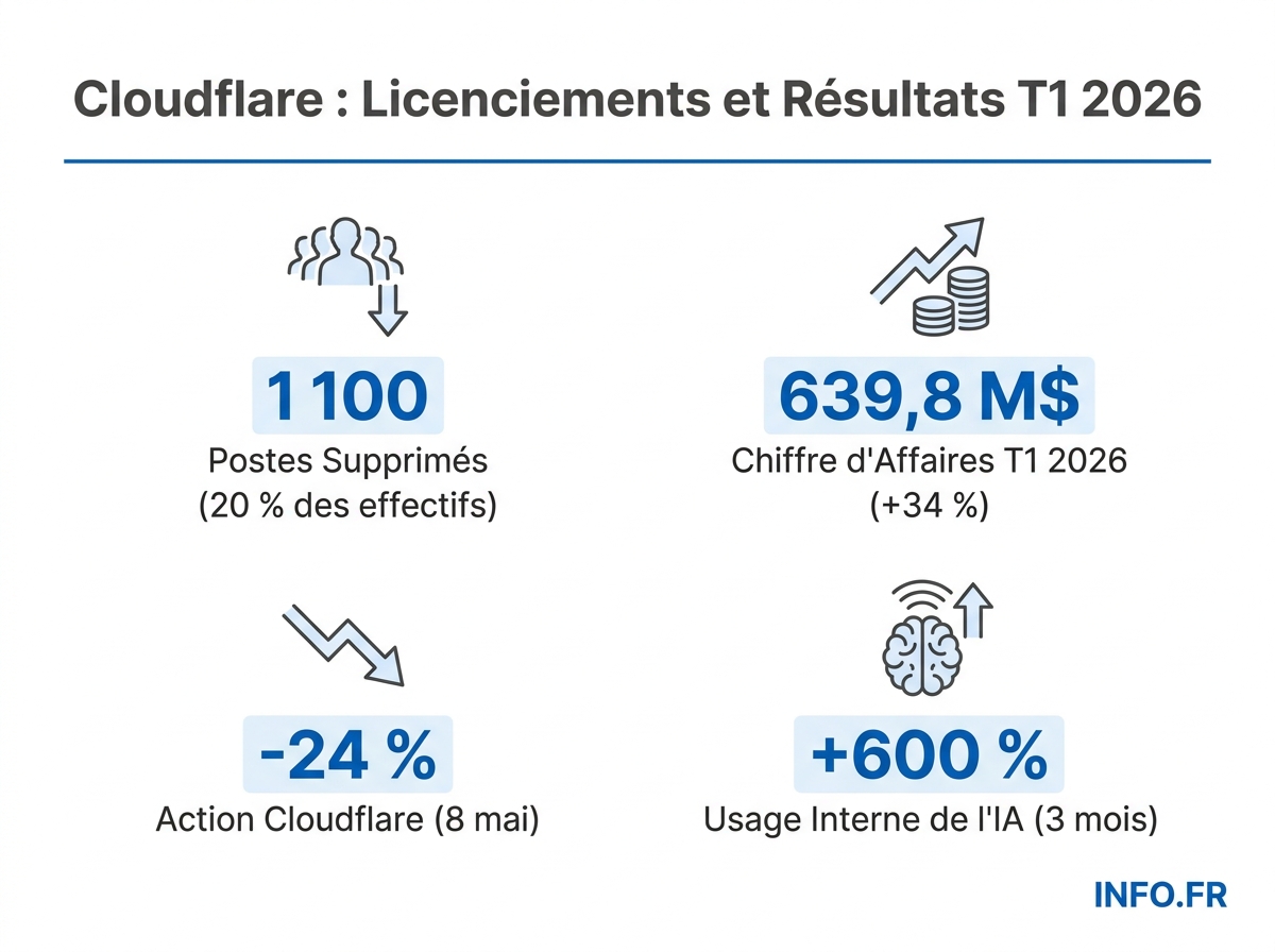 Infographie chiffrée des licenciements Cloudflare de mai 2026: effectifs supprimés, performance financière et impact boursier.