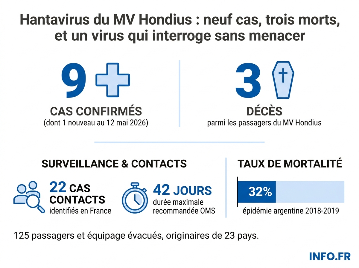 Bilan chiffré de l'épidémie d'hantavirus liée au navire MV Hondius au 12 mai 2026 selon les données de l'OMS.