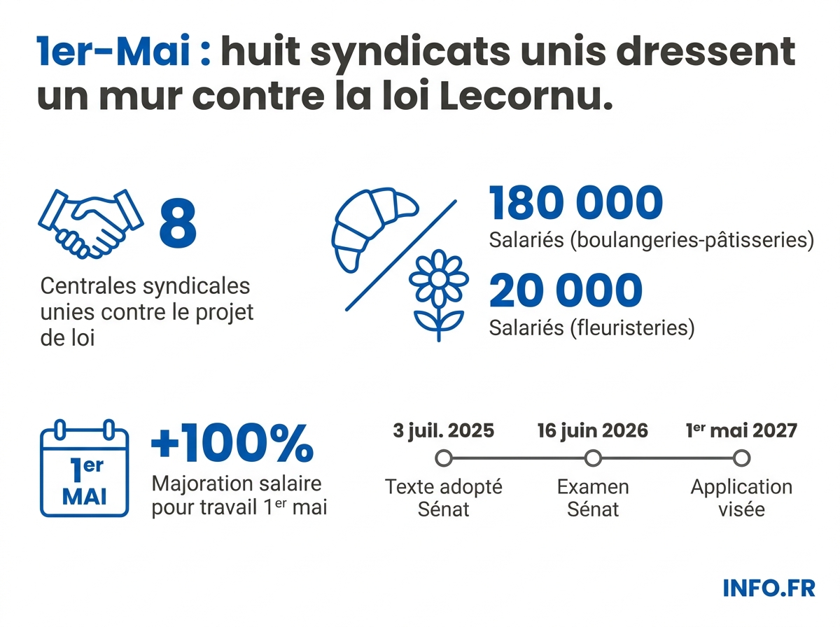 Chronologie et chiffres clés du projet de loi sur le travail le 1er-Mai en France, mai 2026.
