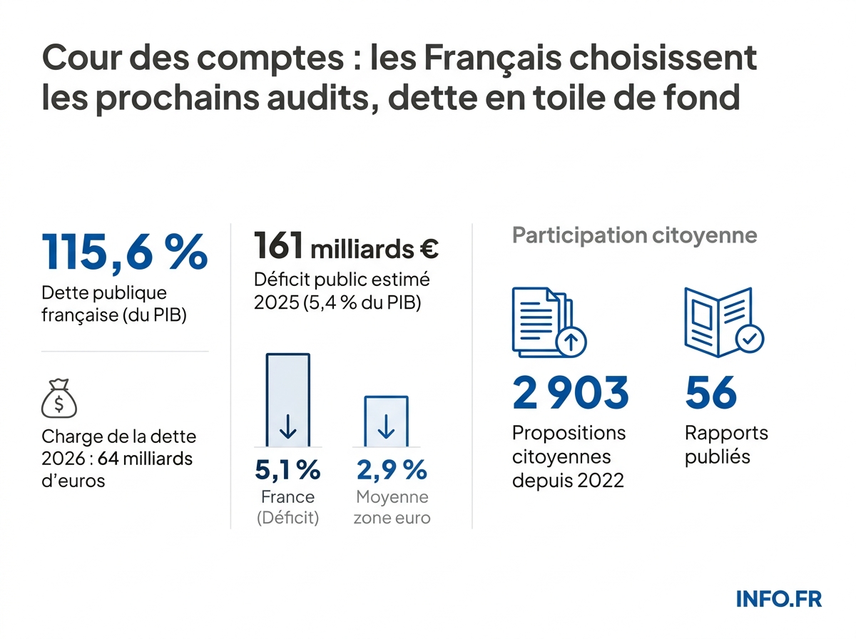 Infographie: la consultation citoyenne 2026 de la Cour des comptes en chiffres clés, sur fond de dette publique record.