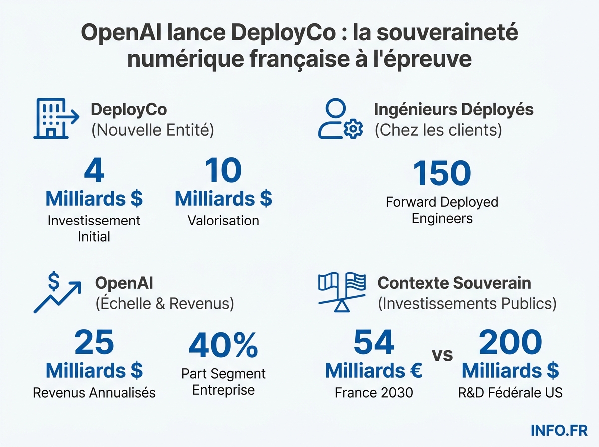 Infographie comparant les moyens financiers de DeployCo et l'écart d'investissement entre la France et les États-Unis sur l'IA.
