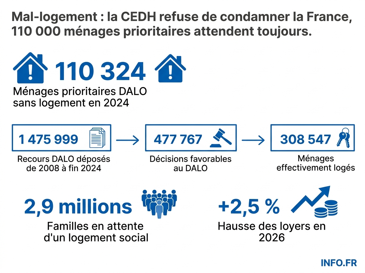 Chiffres clés du mal-logement en France en 2026: recours DALO, attributions et tension locative privée.