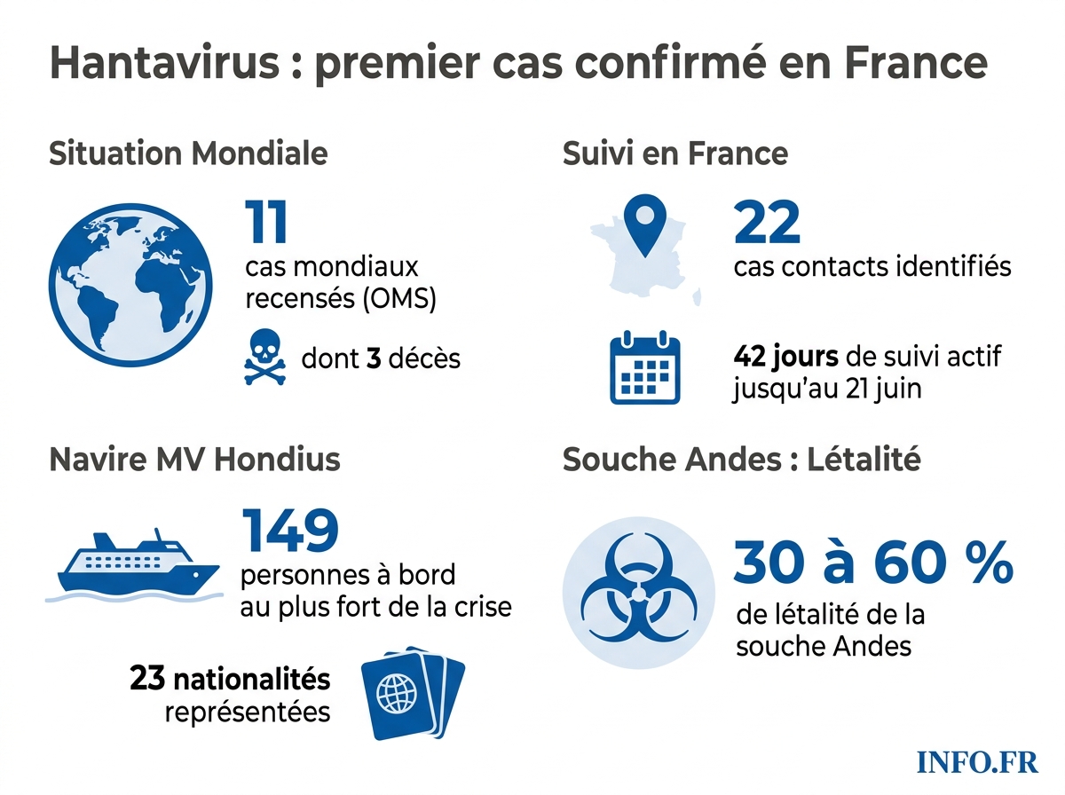Hantavirus: bilan du foyer MV Hondius et dispositif sanitaire français au 12 mai 2026.