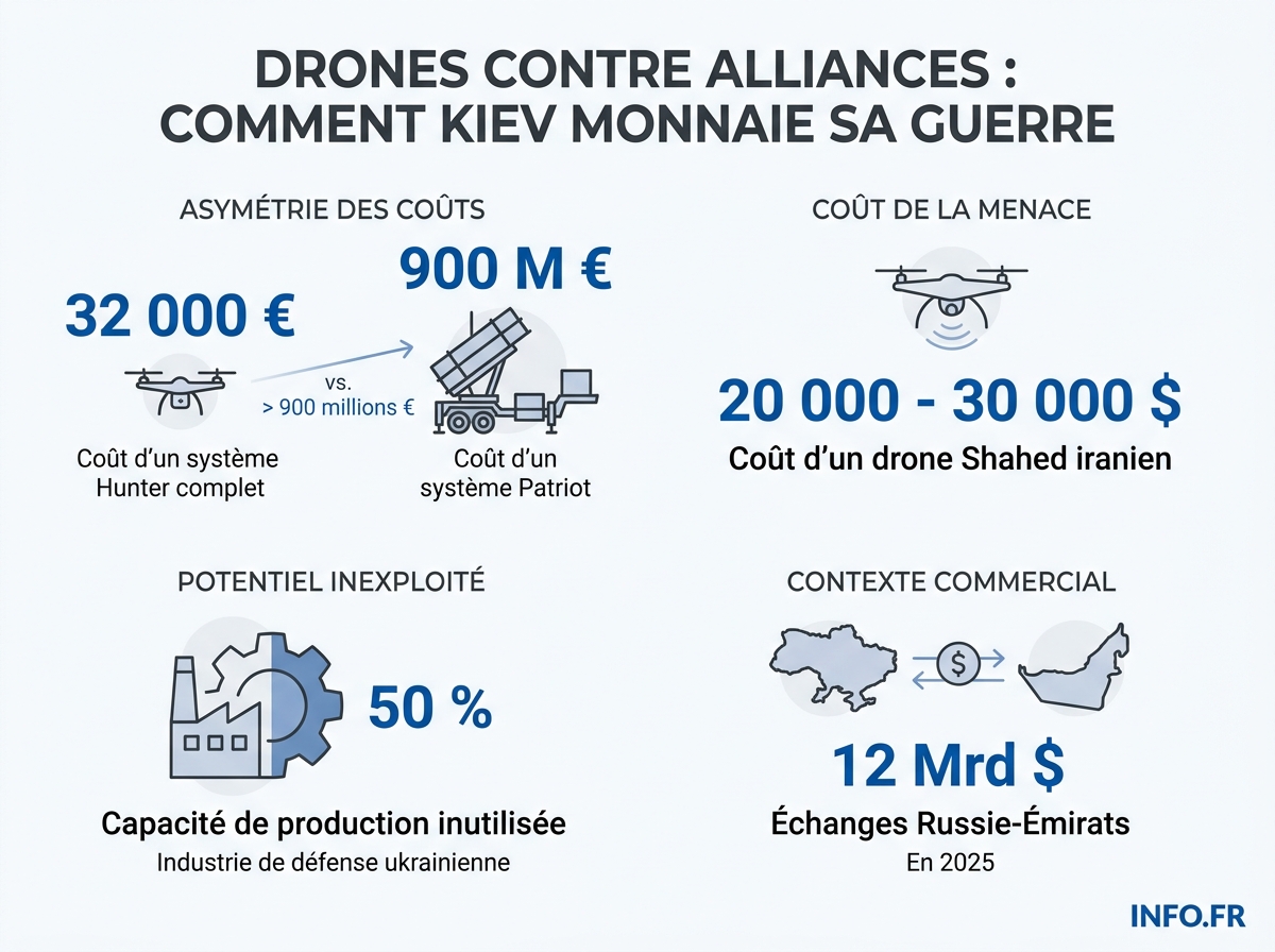 Comparaison des coûts entre systèmes de défense ukrainiens et occidentaux face aux drones iraniens Shahed, et état des alliances diplomatiques de Kiev en 2026.