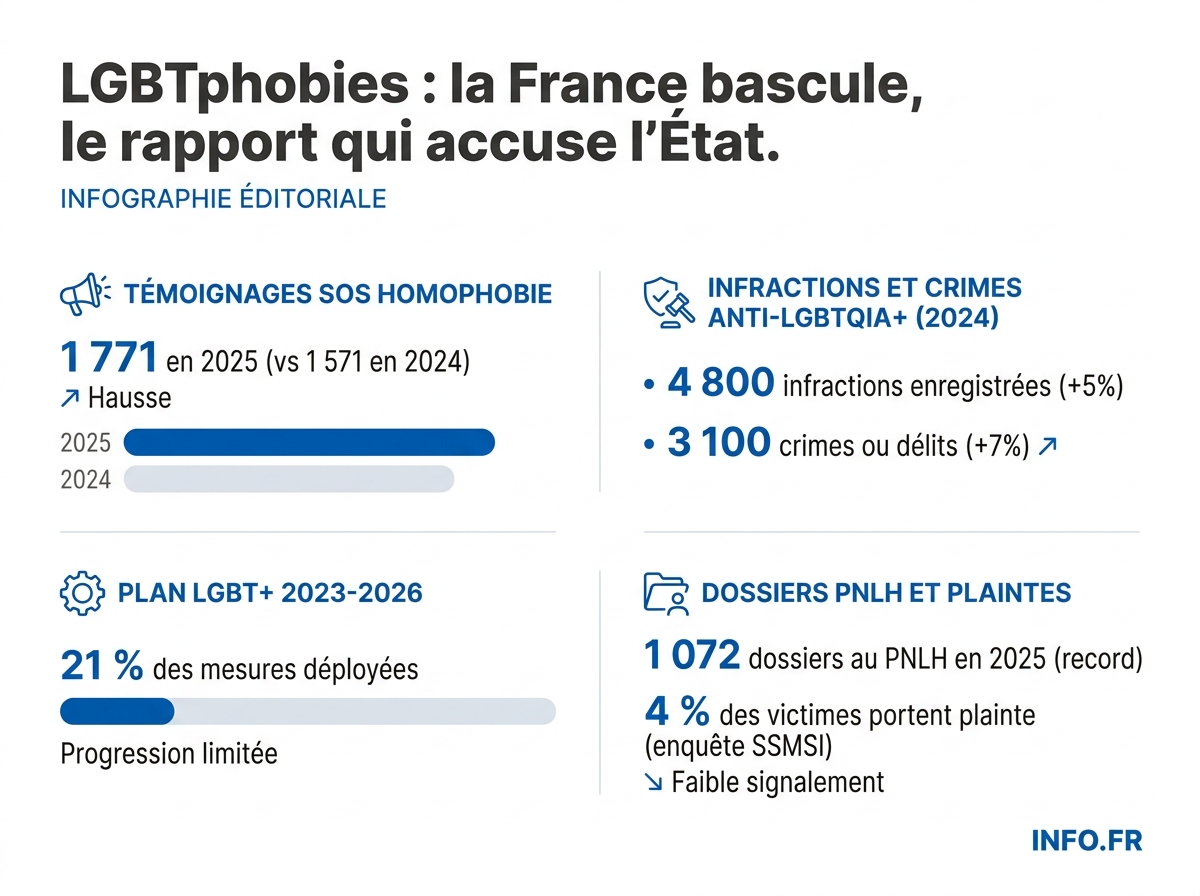 Évolution des LGBTIphobies en France: témoignages SOS Homophobie, infractions ministère de l'Intérieur et signalements en ligne entre 2021 et 2025.
