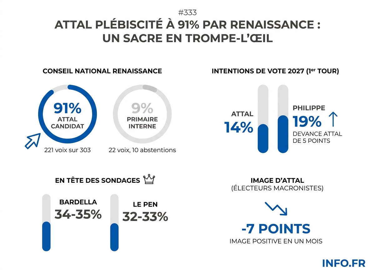 Chiffres clés du vote interne de Renaissance et des sondages présidentielle 2027.