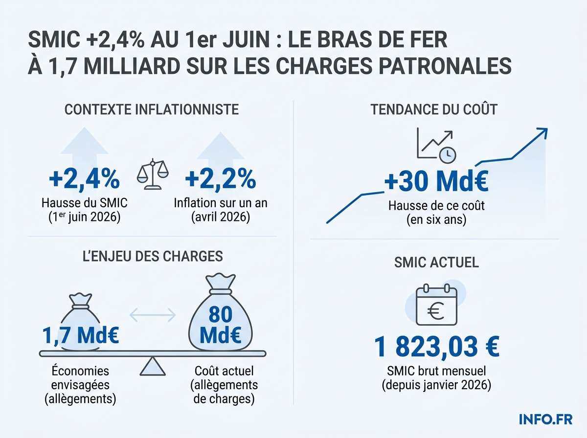 Les chiffres clés de la hausse du SMIC au 1er juin 2026 et de son impact sur les allègements de charges patronales.