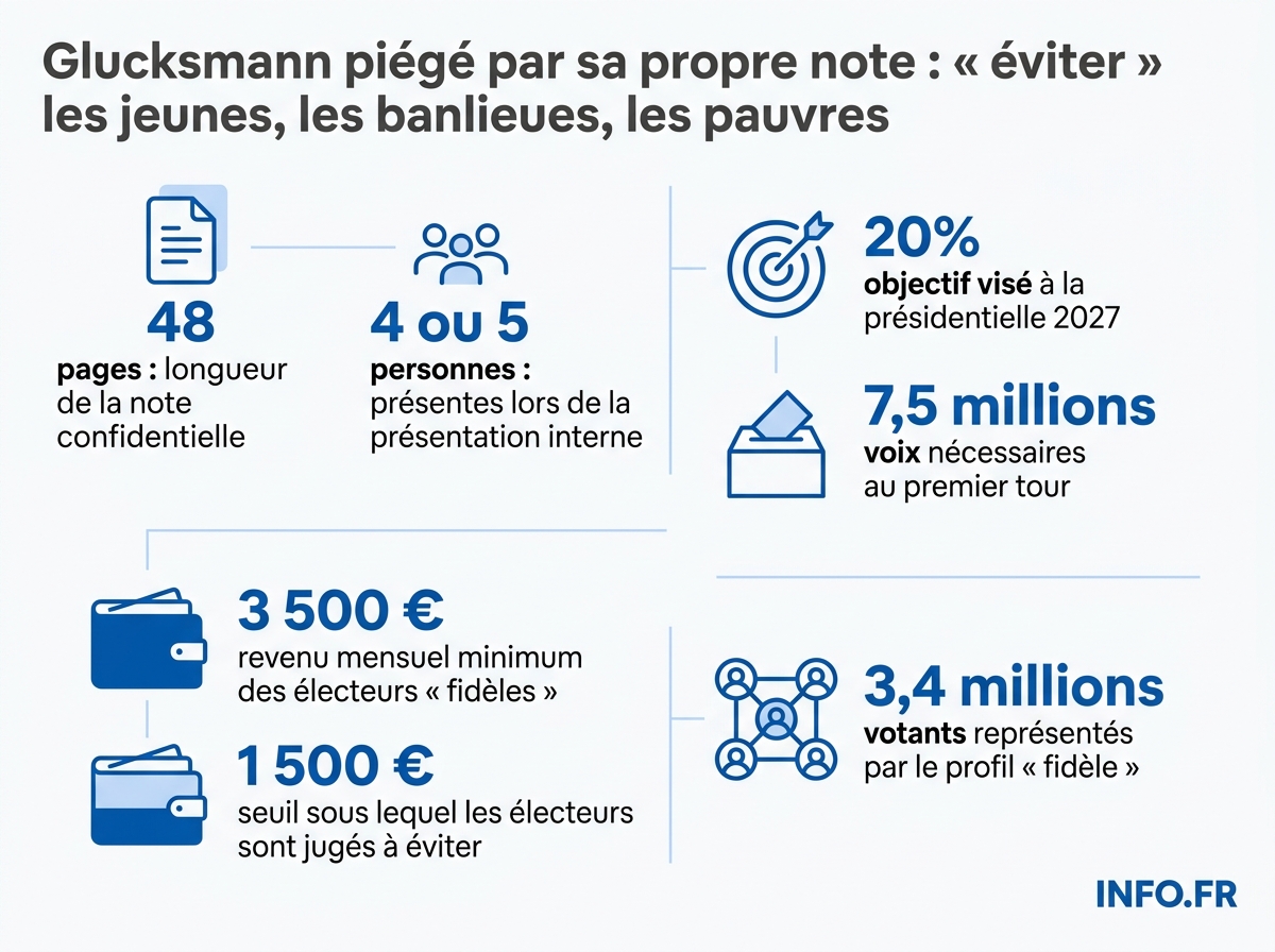 Cartographie chiffrée de la note interne Glucksmann révélée par Politico le 12 mai 2026: objectifs électoraux et catégories ciblées pour la présidentielle 2027.