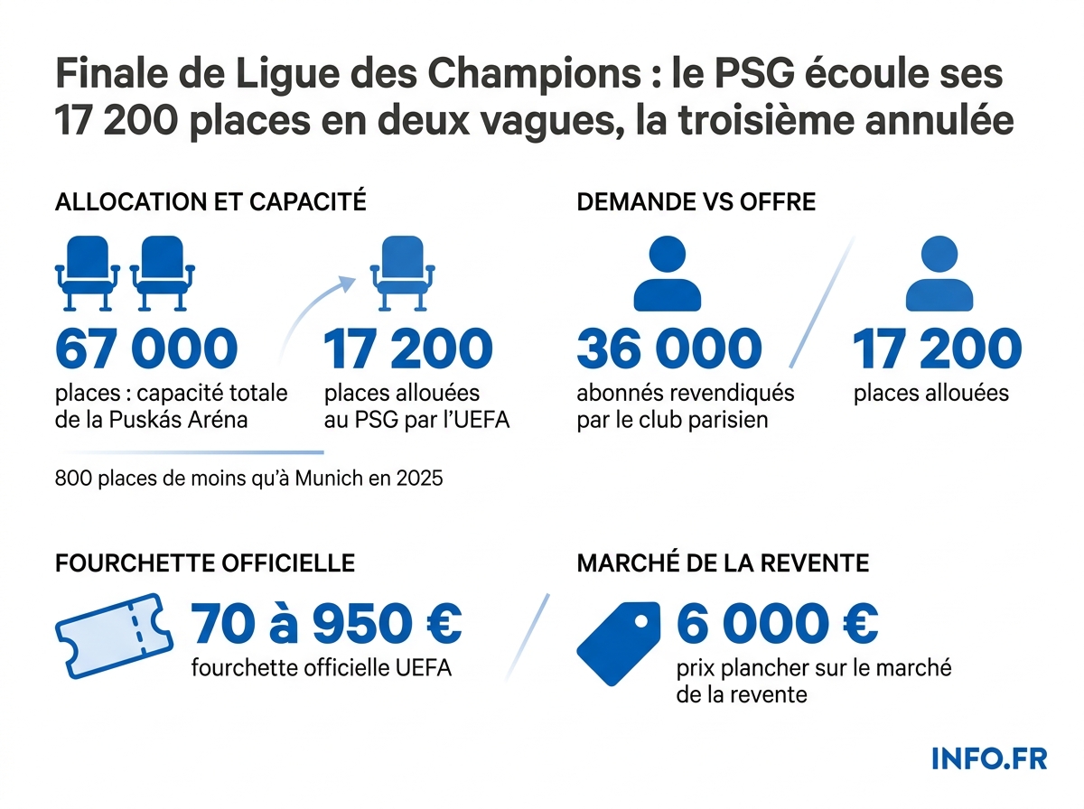 Répartition de la billetterie PSG pour la finale de Ligue des Champions du 30 mai 2026 à Budapest contre Arsenal.