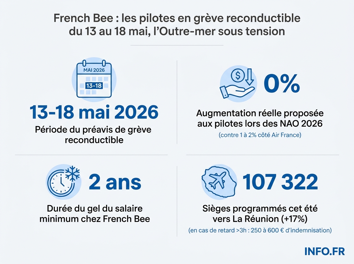 Infographie: les chiffres clés de la grève des pilotes French Bee du 13 au 18 mai 2026.