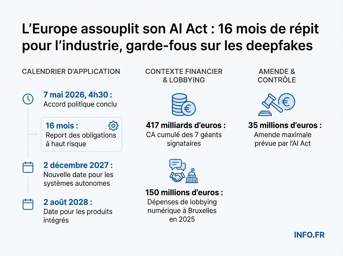 Calendrier et chiffres clés de l'accord AI Omnibus européen du 7 mai 2026.