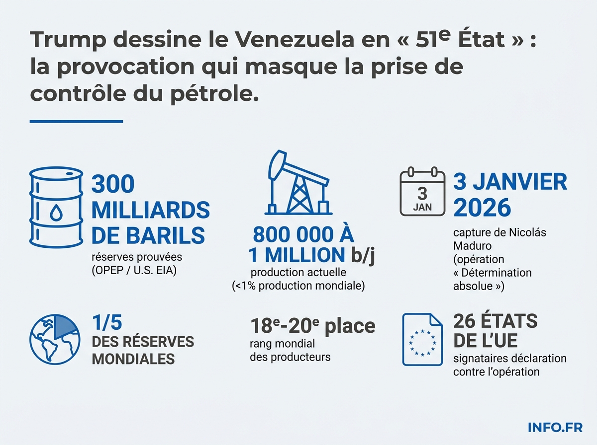 Infographie: les chiffres clés du contrôle américain sur le pétrole vénézuélien après la capture de Maduro le 3 janvier 2026.