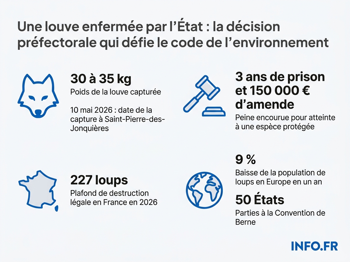 Chronologie et cadre légal de la capture d'une louve en Seine-Maritime placée au parc de Muchedent en mai 2026.