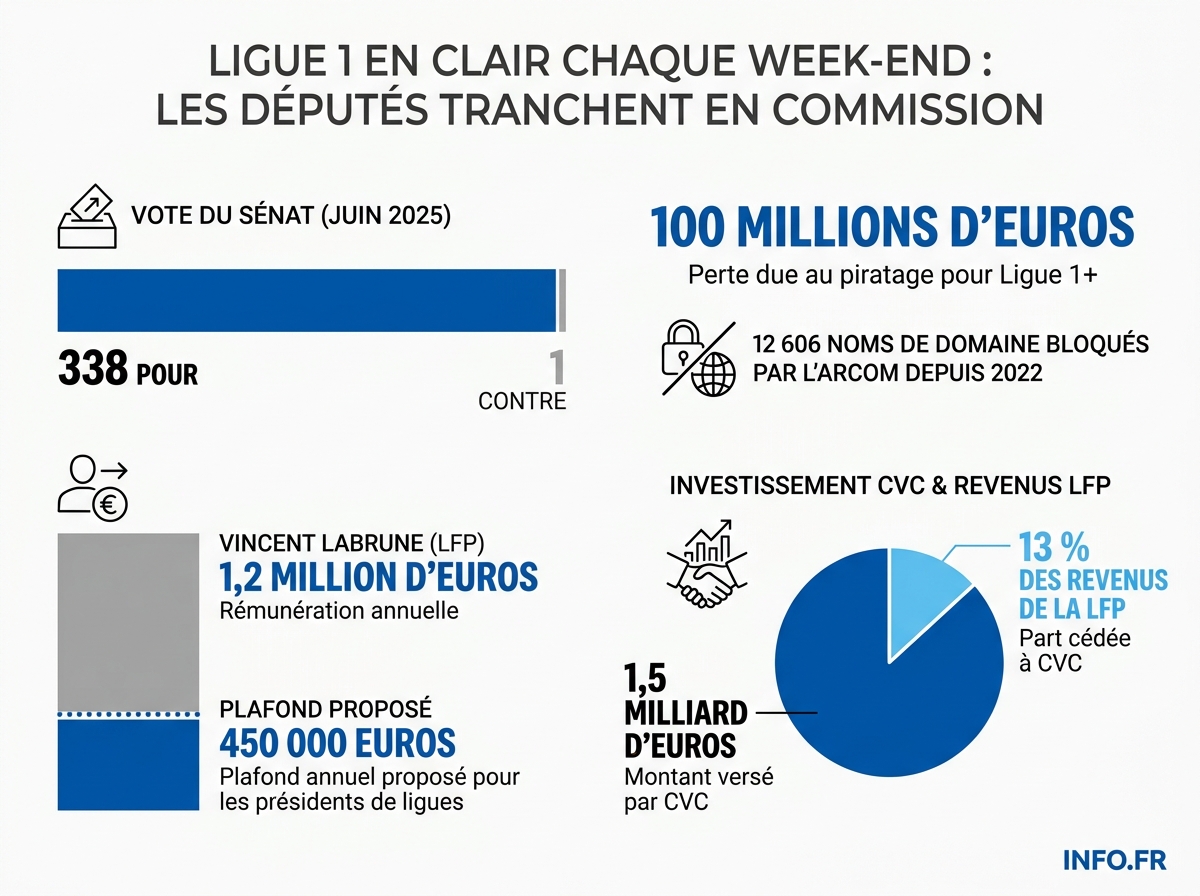 Les chiffres clés de la proposition de loi sur le sport professionnel: vote, plafonds, pertes liées au piratage et accord CVC.