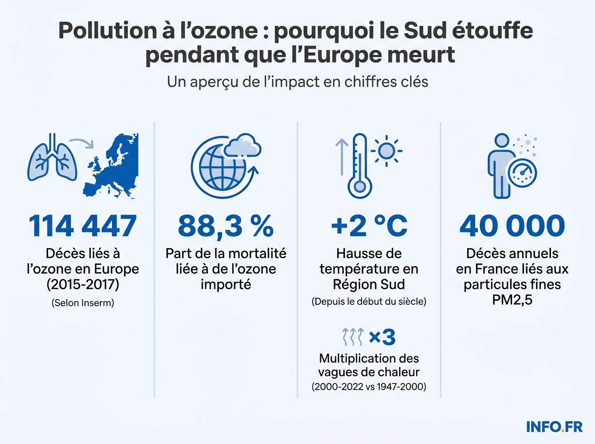 Les chiffres clés de la pollution à l'ozone en Europe et en Provence-Alpes-Côte d'Azur, sources Inserm, OMS, GREC-Sud, ministère de la Transition écologique.
