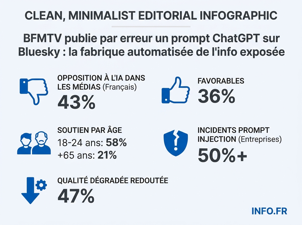 Statistiques de l'opinion française et des incidents techniques liés à l'usage de l'IA générative dans les médias en 2025-2026.