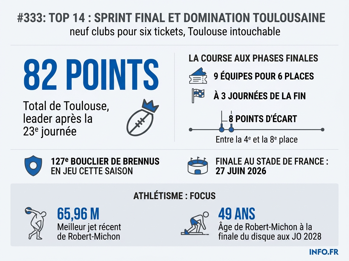 Infographie présentant les chiffres clés de la fin de saison Top 14 2026 et l'objectif olympique de Mélina Robert-Michon.