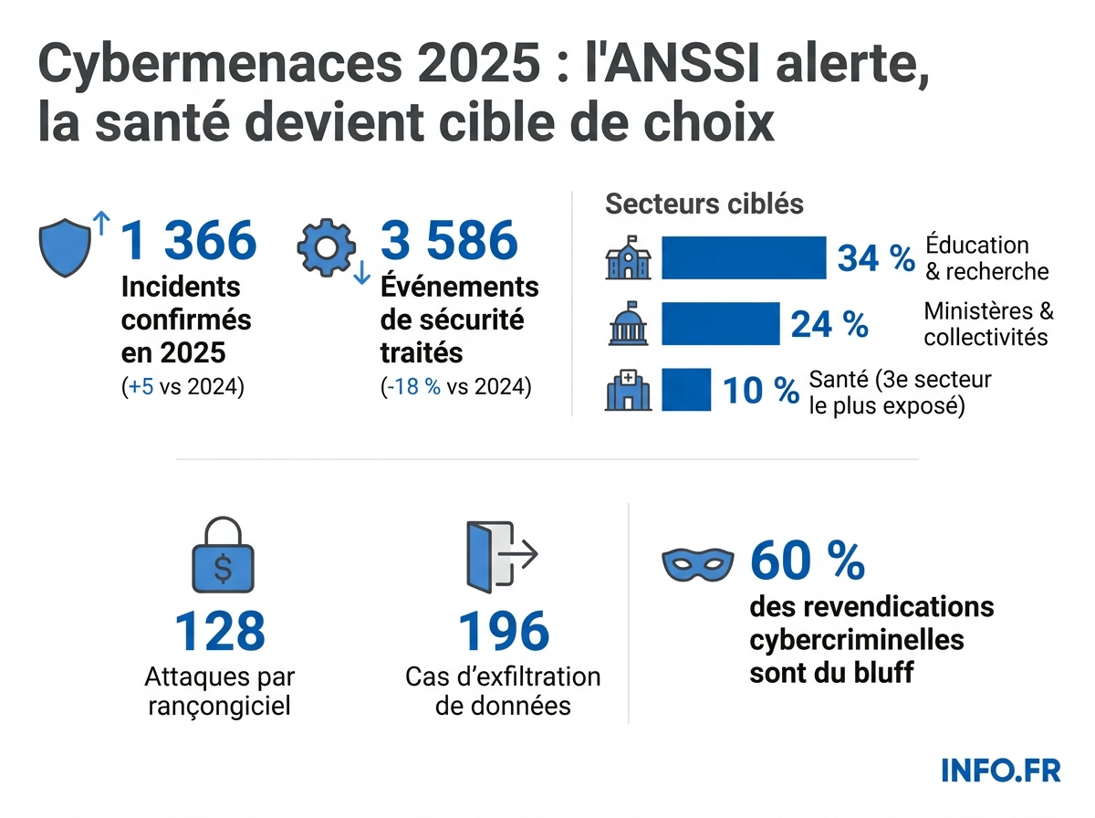 Répartition sectorielle des 1 366 incidents de cybersécurité traités par l'ANSSI en 2025, selon le Panorama de la cybermenace.
