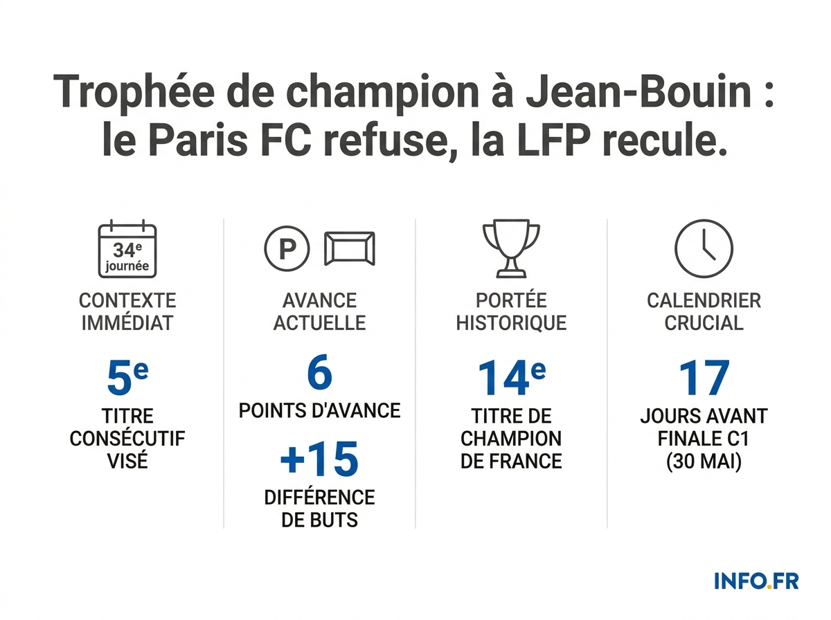 Les chiffres-clés du sacre du PSG en Ligue 1 2025-2026, contesté pour son lieu de remise.