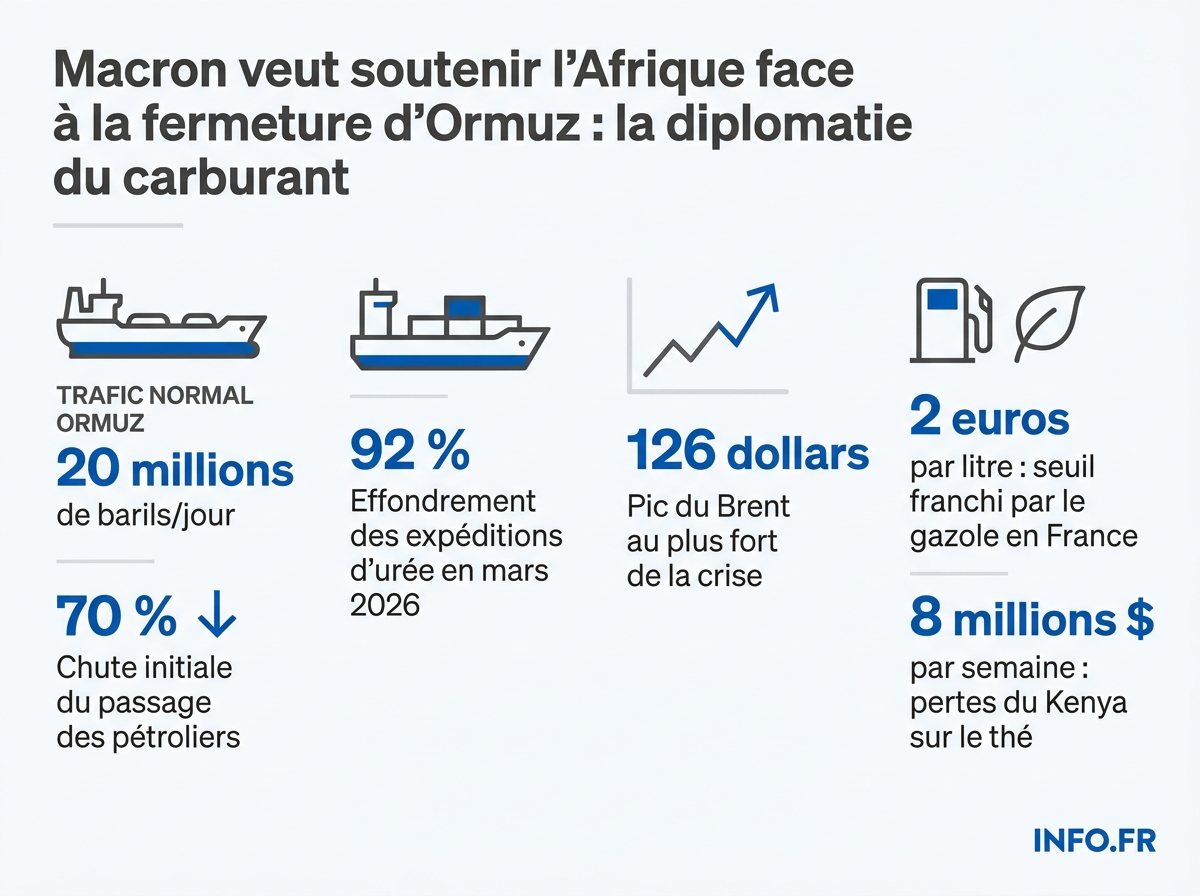 Infographie: les six chiffres clés de la crise d'Ormuz et de ses effets en chaîne sur l'Afrique et la France en mai 2026.