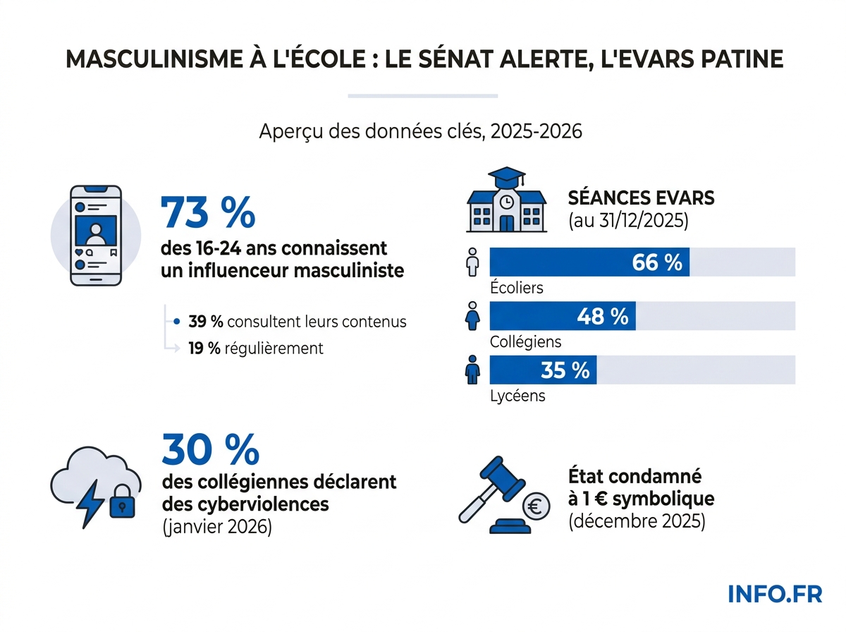 Infographie illustrant l'écart entre la diffusion des discours masculinistes chez les jeunes et l'application réelle du programme EVARS en France fin 2025.