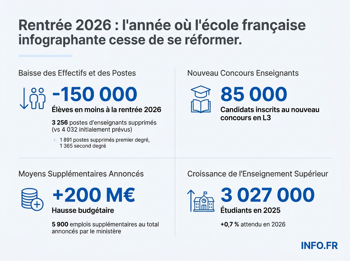 Chiffres-clés de la rentrée scolaire 2026 en France: démographie, suppressions de postes et formation des enseignants.