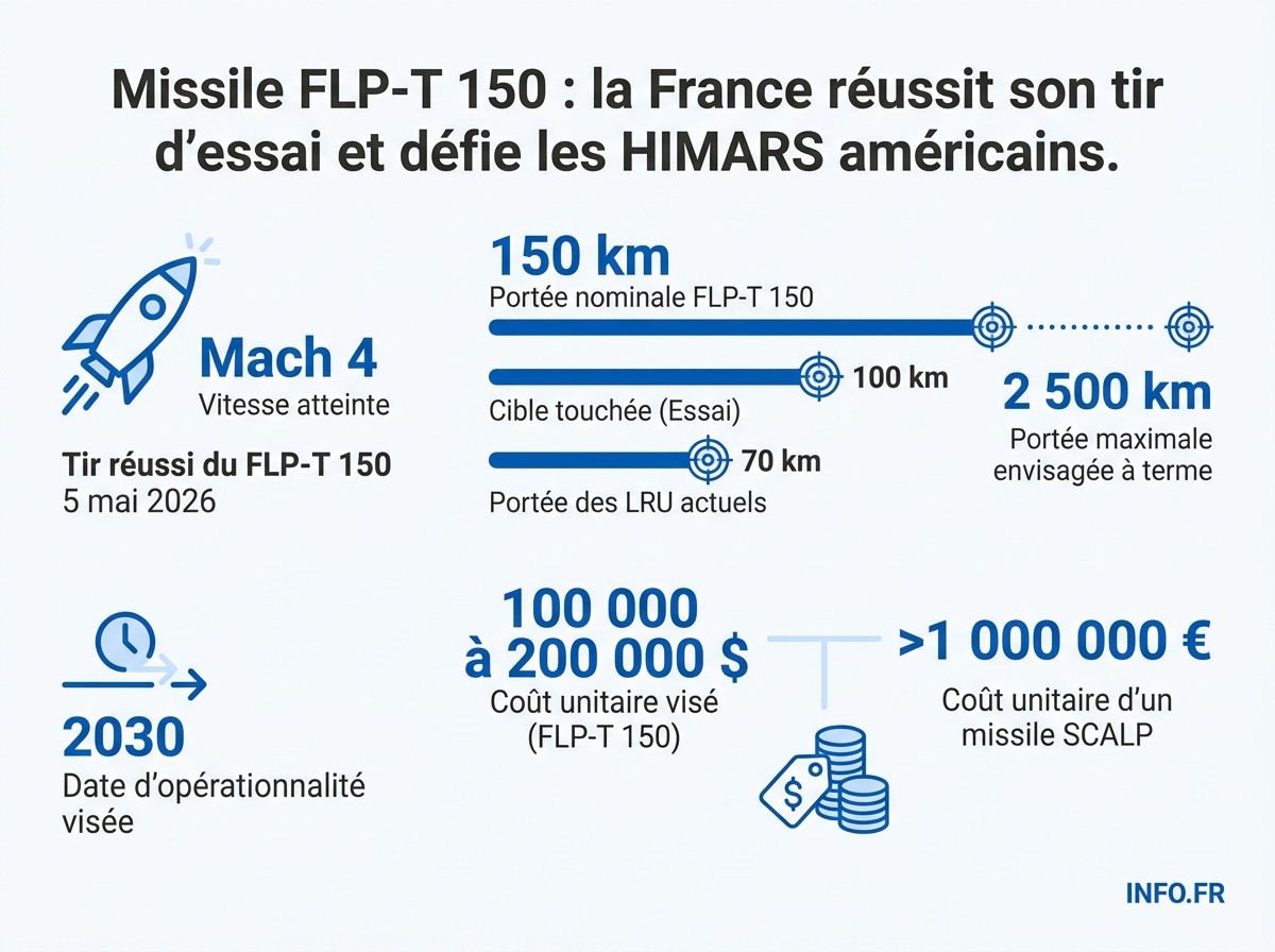 Infographie comparant les caractéristiques du missile balistique français FLP-T 150 testé le 5 mai 2026 avec les systèmes existants: portée, vitesse, coût unitaire et calendrier opérationnel.