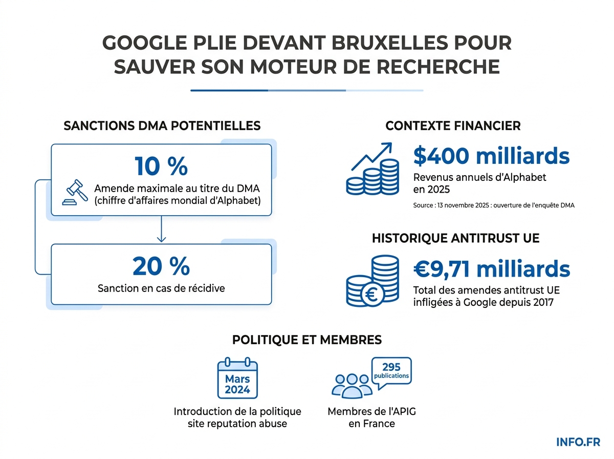 Infographie: montants en jeu et calendrier de l'enquête DMA contre Google pour sa politique de référencement vis-à-vis des éditeurs de presse européens.
