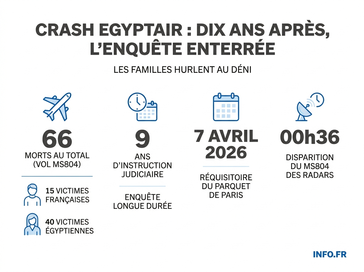 Infographie du crash EgyptAir MS804: bilan humain, chronologie et procédure judiciaire dix ans après.