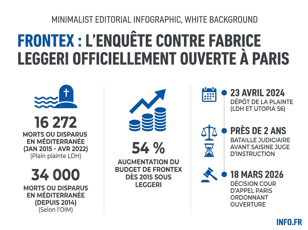 Chronologie, chiffres et cadre légal de l'affaire Leggeri-Frontex: de la plainte d'avril 2024 à l'ouverture de l'enquête en mai 2026.