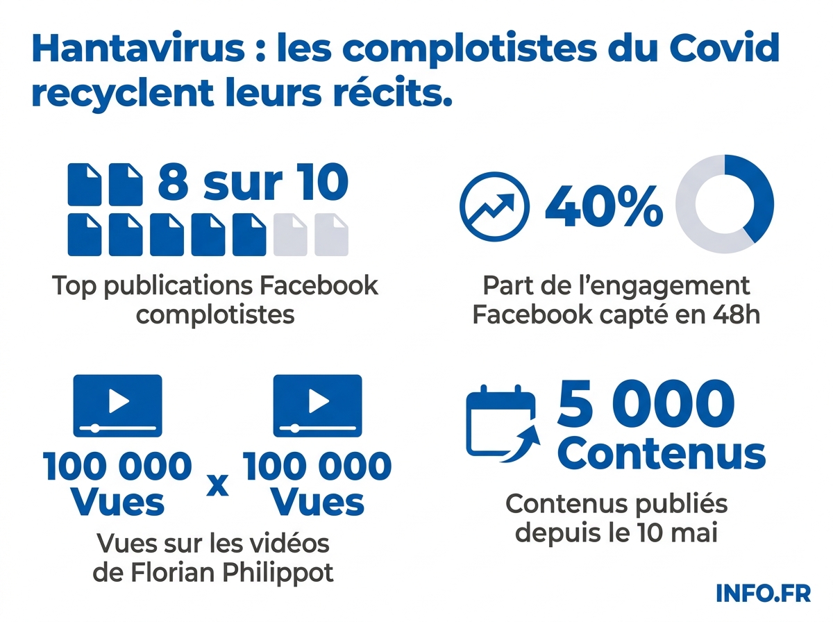 Volumétrie de la désinformation autour de l'hantavirus sur les réseaux sociaux en France entre le 10 et le 12 mai 2026.