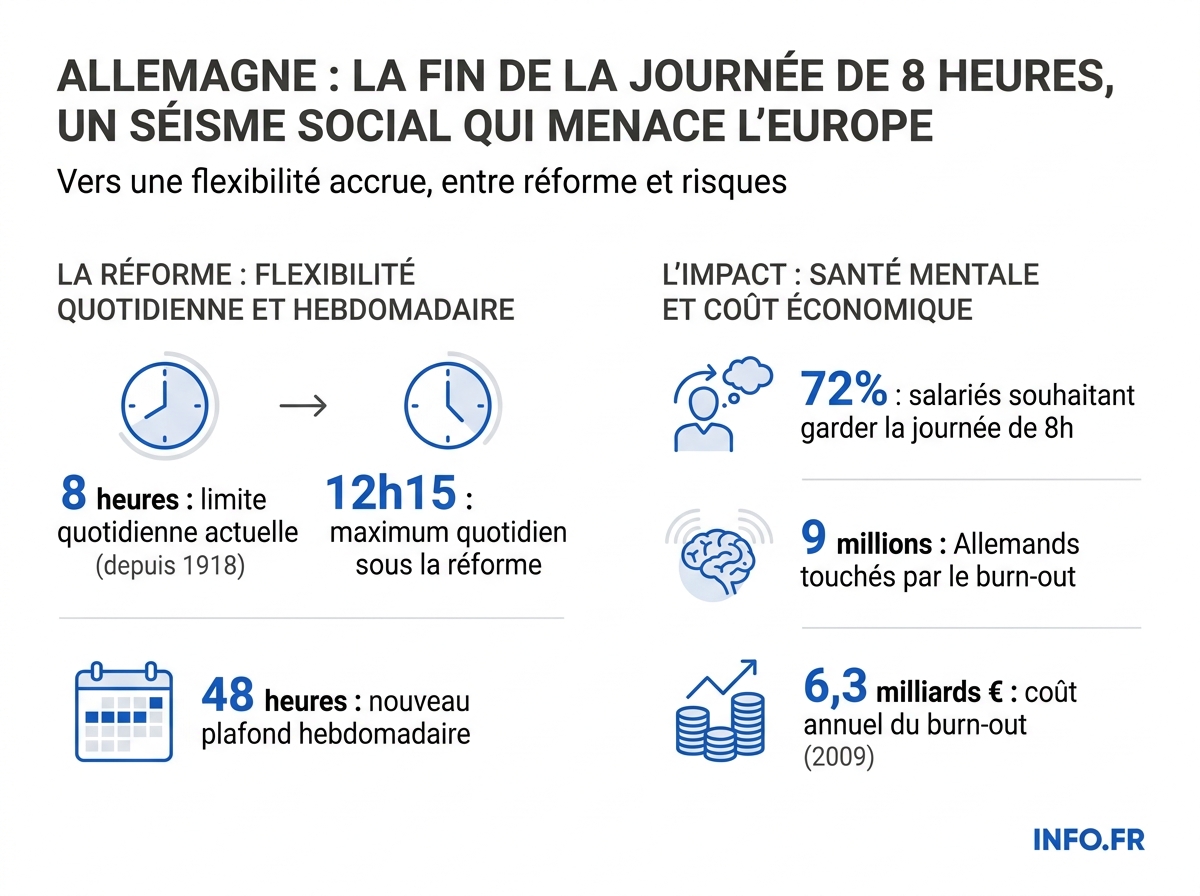 Comparaison entre la durée maximale actuelle (8h/jour, § 3 ArbZG) et la durée maximale prévue par la réforme allemande (12h15/jour, 73,5h/semaine), avec les chiffres de santé au travail.