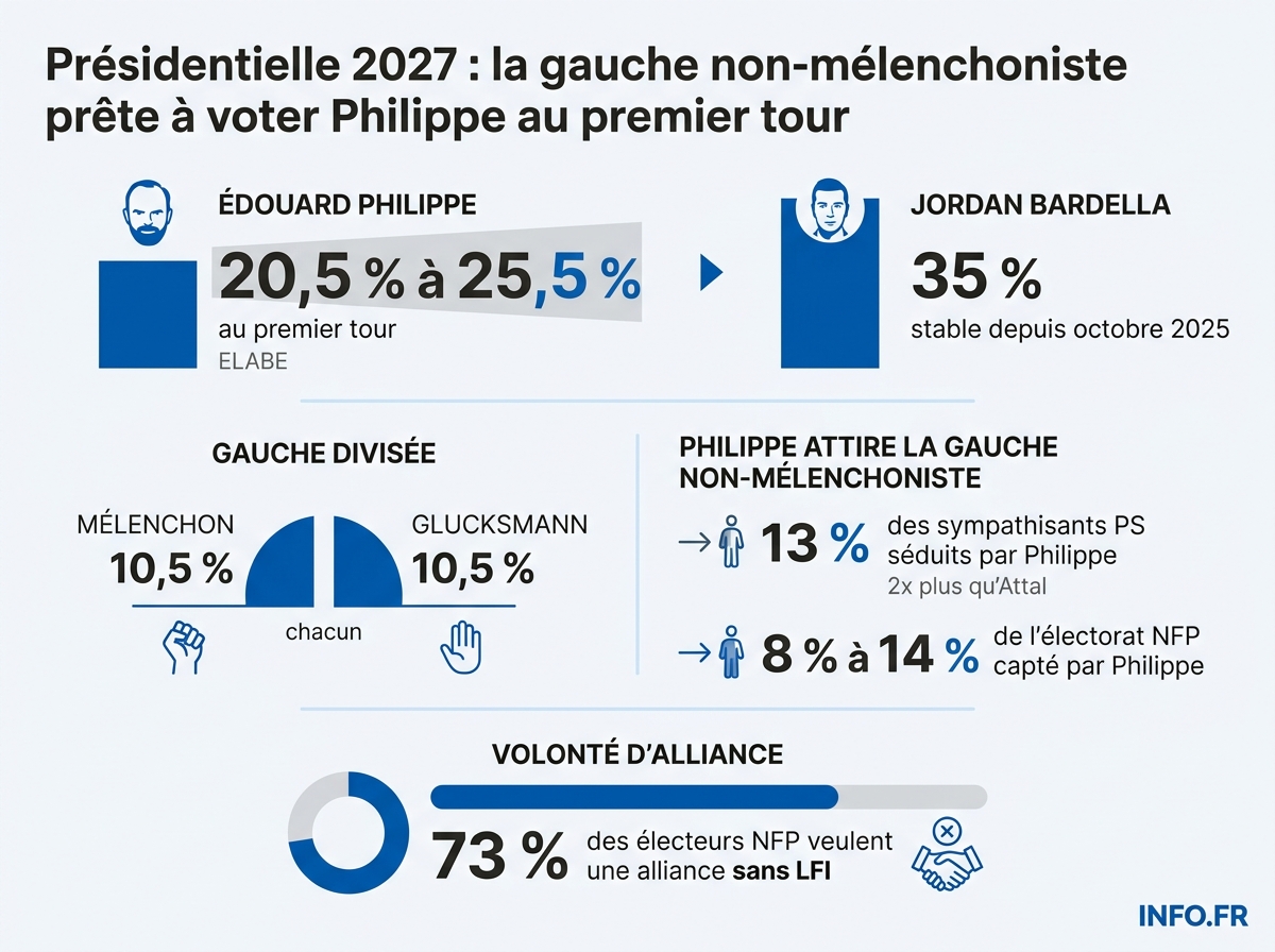 Intentions de vote au premier tour de la présidentielle 2027 selon le sondage ELABE de fin mars 2026.