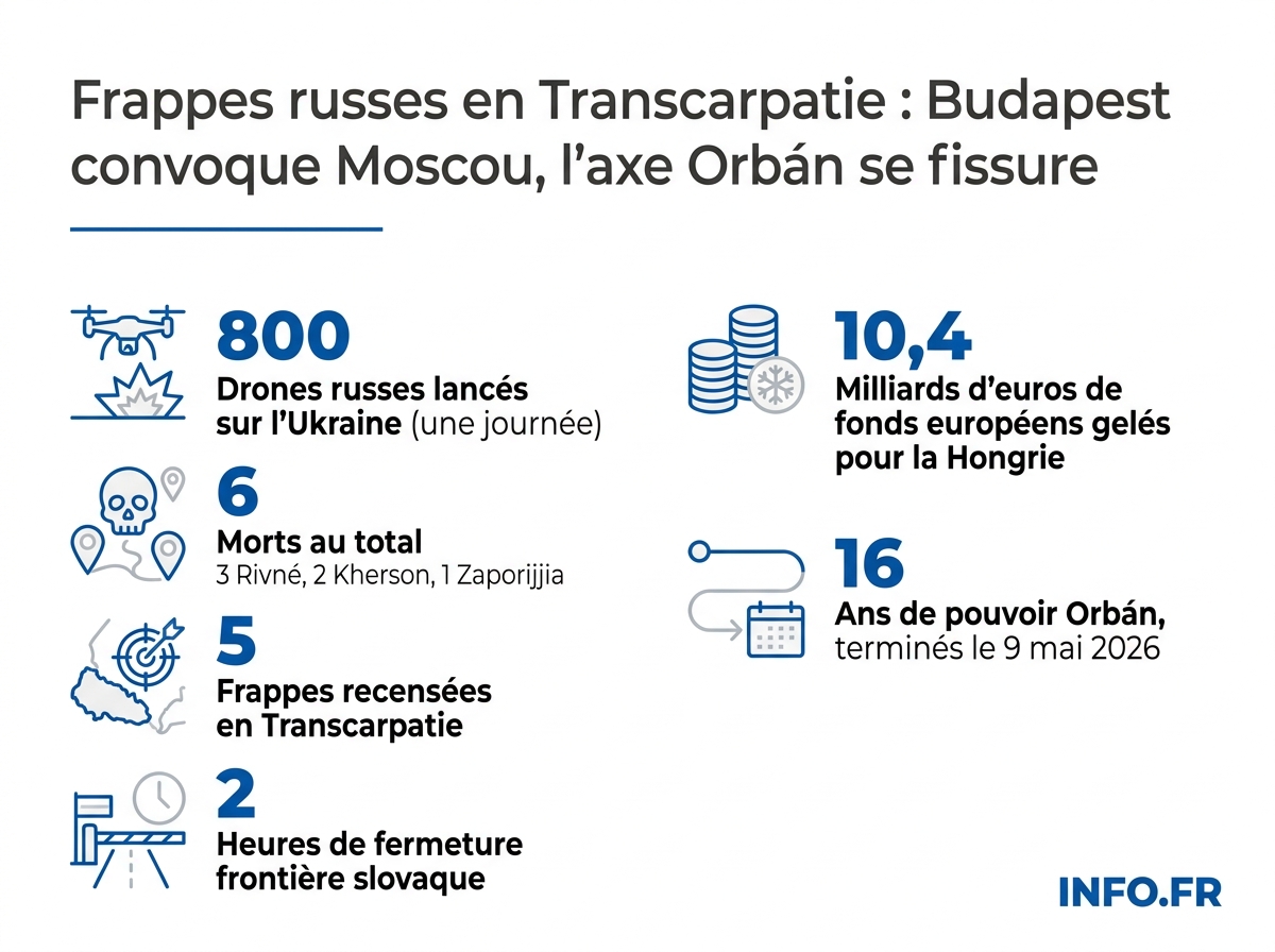 Les chiffres clés de l'attaque russe du 13 mai 2026 sur l'Ukraine et de la réaction hongroise inédite.