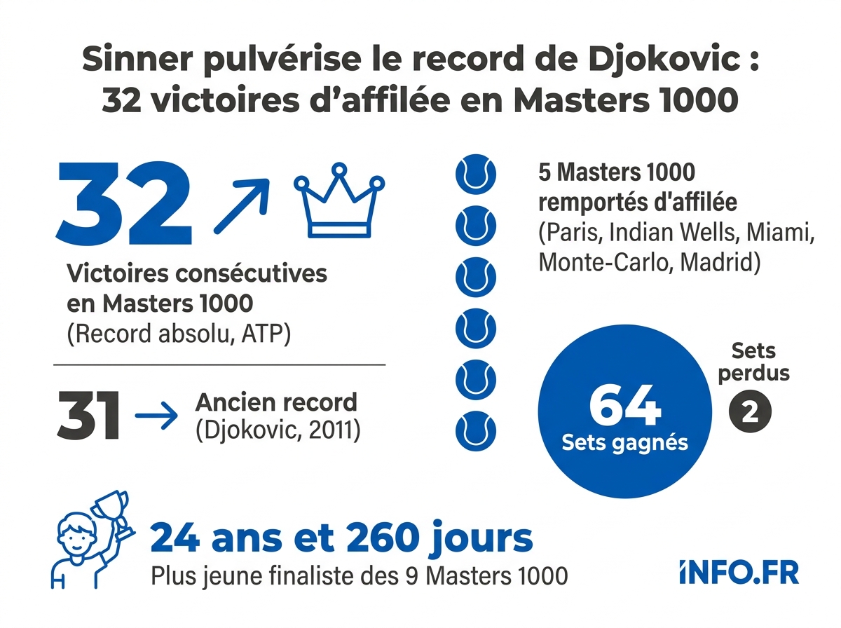 Les chiffres-clés de la série record de Jannik Sinner en Masters 1000.