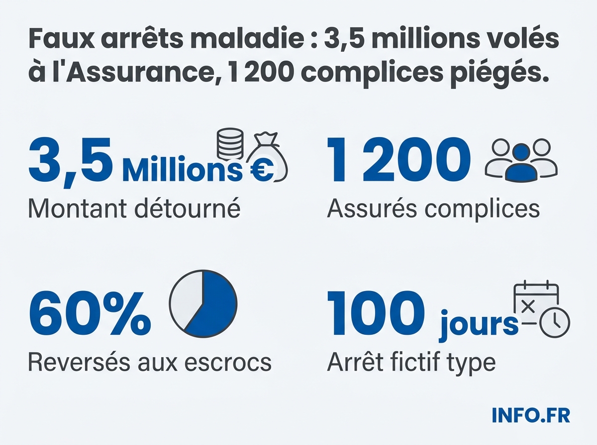 Infographie sur le démantèlement du réseau de faux arrêts de travail en Seine-Saint-Denis: 3,5 millions d'euros détournés à l'Assurance-maladie, 1 200 assurés complices, 7 interpellations.