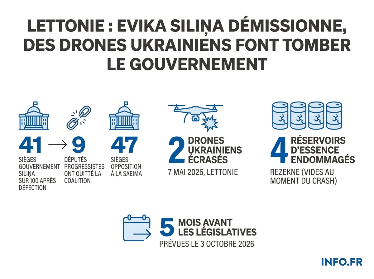 Les chiffres clés de la crise politique lettone: démission de la Première ministre Evika Siliņa après la chute de drones ukrainiens, à cinq mois des législatives du 3 octobre 2026.