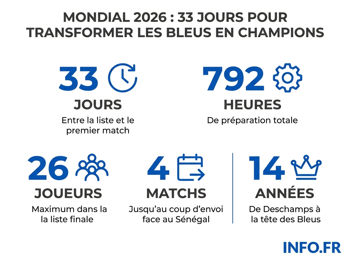 Chiffres clés du programme de l'équipe de France avant la Coupe du monde 2026: 33 jours de préparation, 26 joueurs, camp de base à Boston.