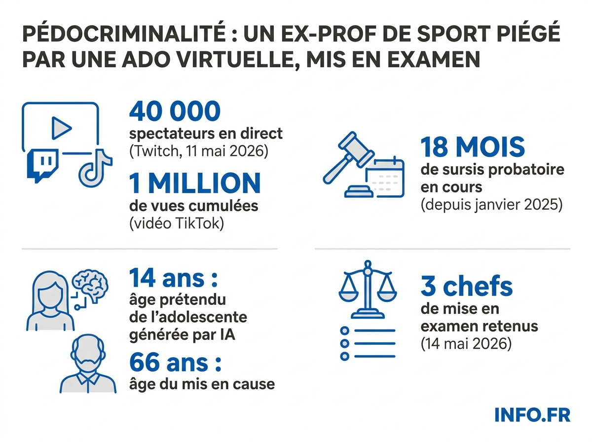 Chiffres clés de l'affaire Dominique Bouvet, piégé par une adolescente générée par IA sur TikTok et mis en examen à Vesoul le 14 mai 2026.