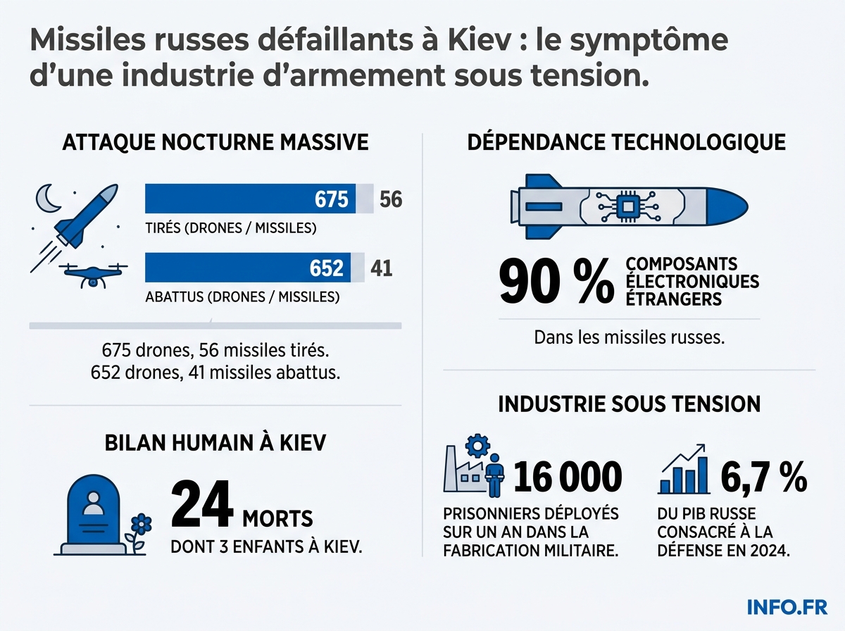 Bilan chiffré de l'attaque russe sur Kiev du 14 mai 2026 et indicateurs sur l'état de l'industrie d'armement russe.